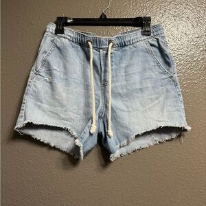 Aerie Denim Pull On Drawstring Denim Shorts Lightweight Raw Hem Womens Size S